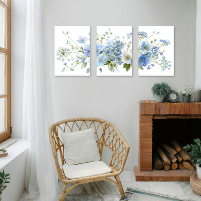 3pcs Blue Flower Floral Watercolor Wildflower Wall Art Set Canvas Framed 40x60cm - High Quality Print 100% Australian Made Wall Canvas Ready to Hang