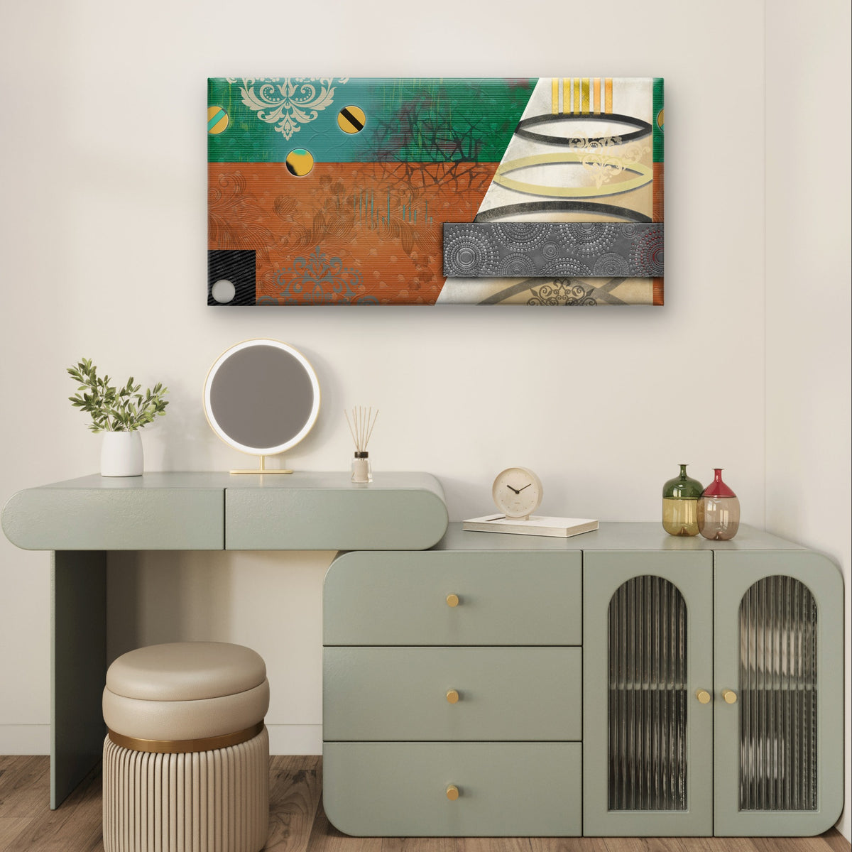 Abstract Teal Orange Geometric Ring Wall Art Canvas Office Home Framed 120x60cm