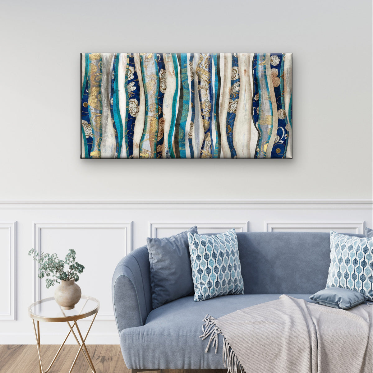 Abstract Teal Gold Ribbon Wave Wall Art Canvas Office Home Framed 120x60cm