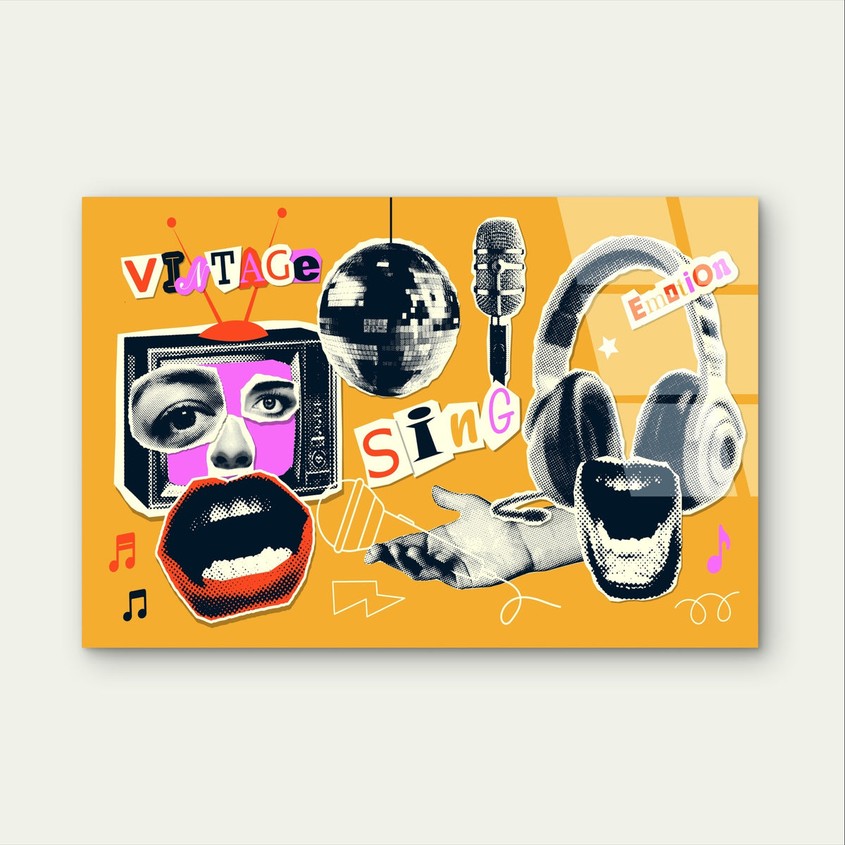 Pop Art Collage Music Disco Headphone Acrylic Glass Printing Wall Art Australian Made Quality