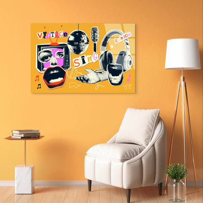 Pop Art Collage Music Disco Headphone Acrylic Glass Printing Wall Art Australian Made Quality