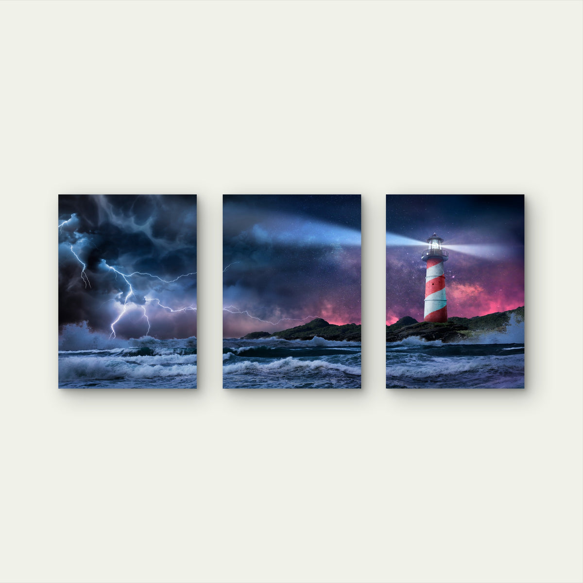 3pcs Lighthouse Sea Storm Lightning Painting Metal Print Ready to Hang Art