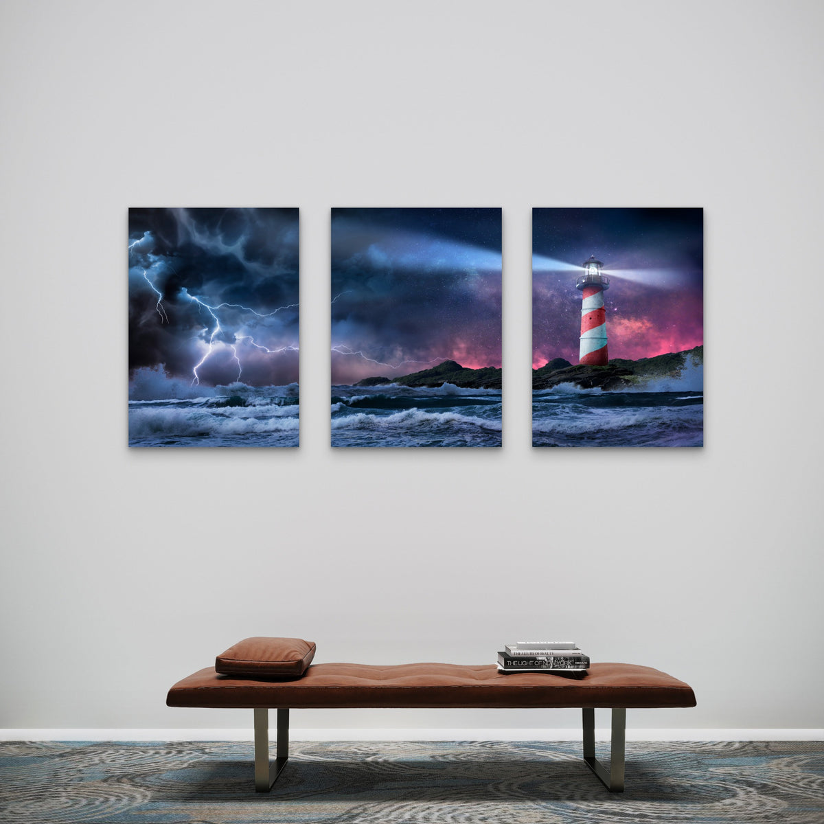 3pcs Lighthouse Sea Storm Lightning Painting Wall Art Set Canvas Framed 40x60cm - High Quality Print 100% Australian Made Wall Canvas Ready to Hang