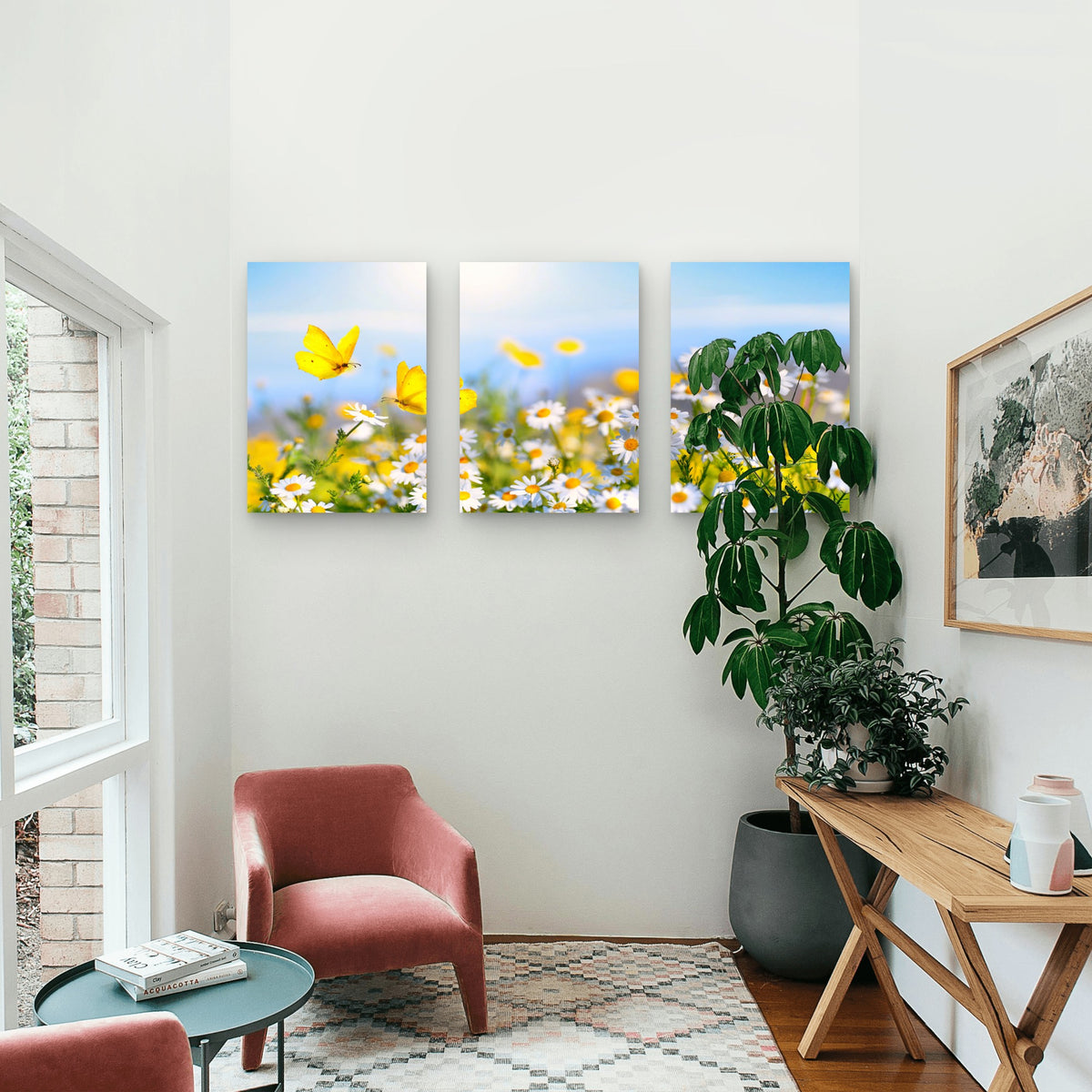 3pcs Daisy Meadow Yellow Butterfly Floral Nature Metal Print Ready to Hang Art