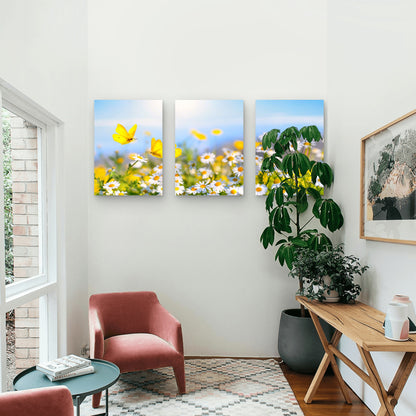 3pcs Daisy Meadow Yellow Butterfly Floral Nature Metal Print Ready to Hang Art