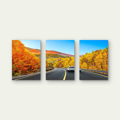 3pcs Autumn Mountain Road Car Yellow Trees Wall Art Set Canvas Framed 50x70cm - High Quality Print 100% Australian Made Wall Canvas Ready to Hang