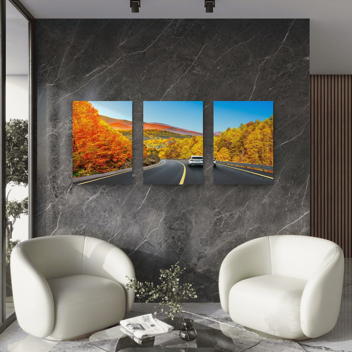 3pcs Autumn Mountain Road Car Yellow Trees Wall Art Set Canvas Framed 50x70cm - High Quality Print 100% Australian Made Wall Canvas Ready to Hang