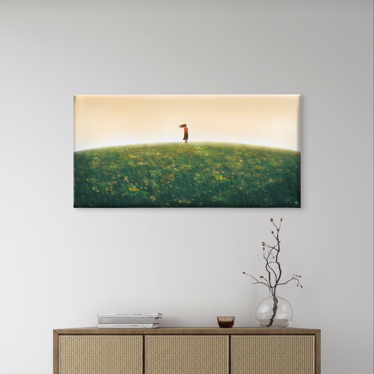 Lonely Girl Green Hill Meadow Wall Art Canvas Office Home Framed 120x60cm