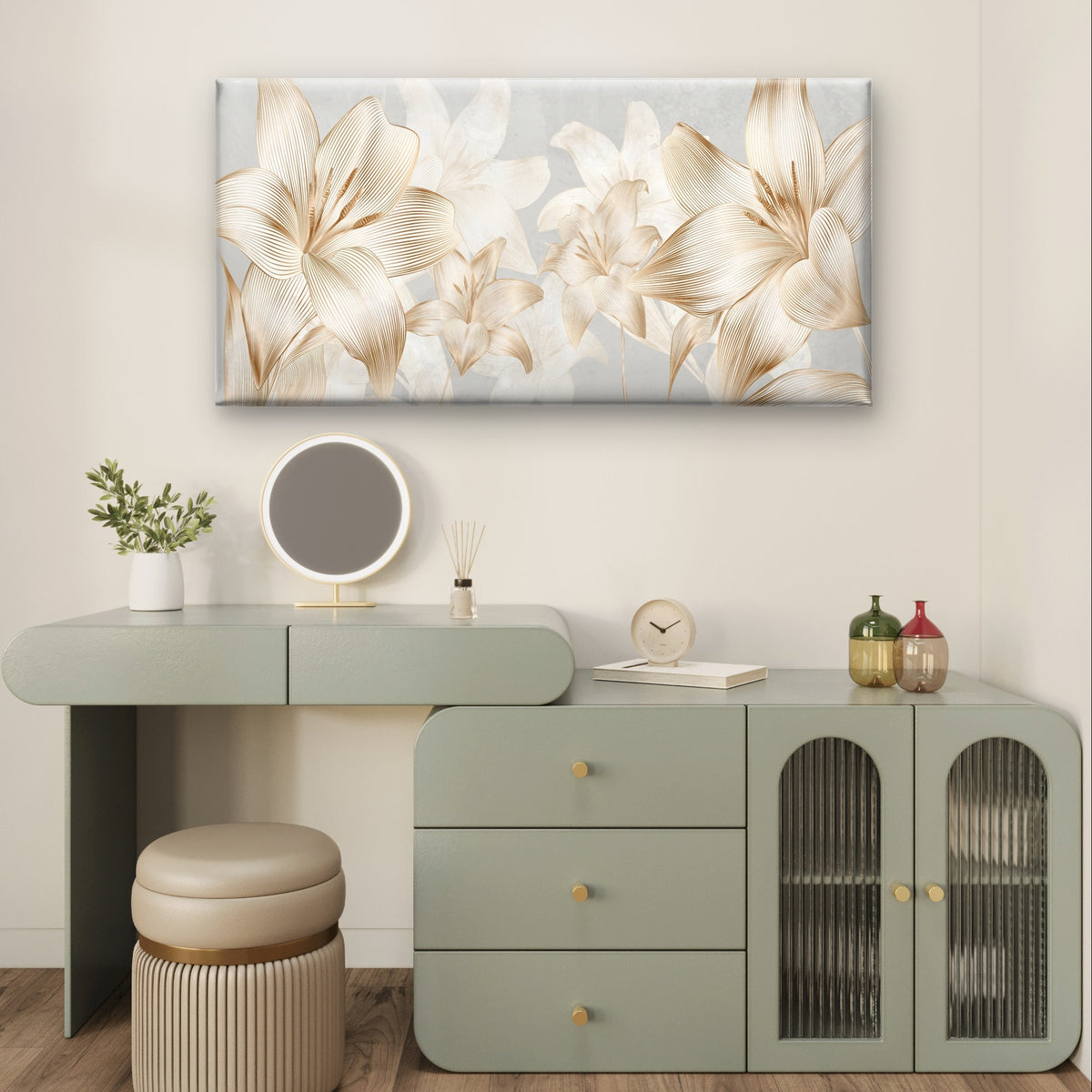 Gold Lily Line Flowers Luxury Wall Art Canvas Office Home Framed 120x60cm