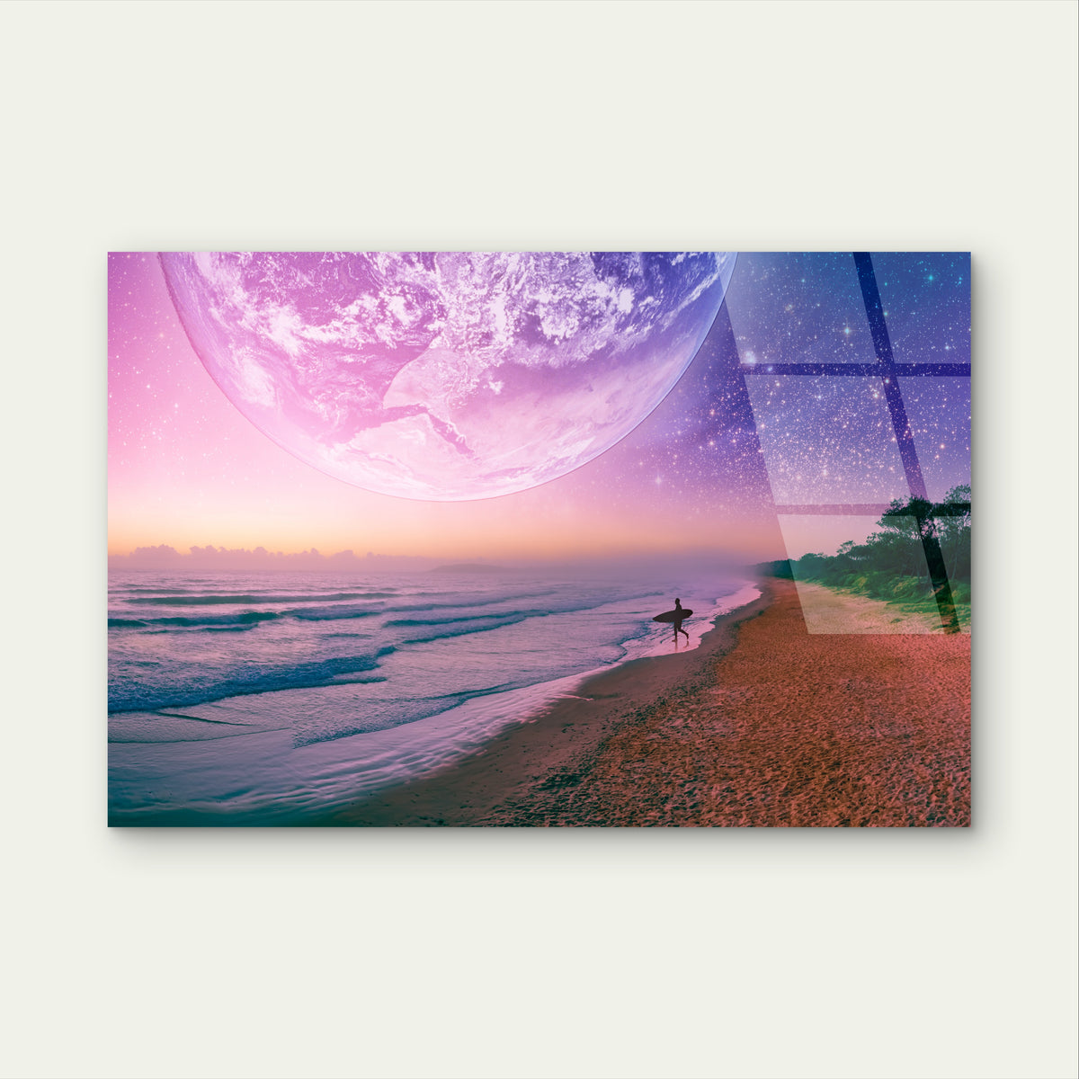 Surfer Beach Planet Space Fantasy Sky Acrylic Glass Printing Wall Art Australian Made Quality
