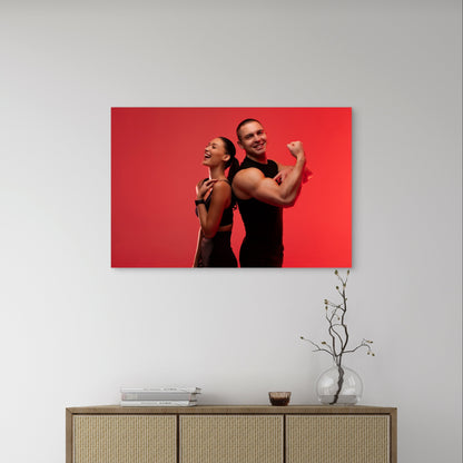 Gym Couple Fitness Red Background 5mm Plastic Poster Ready to Hang 90x60cm