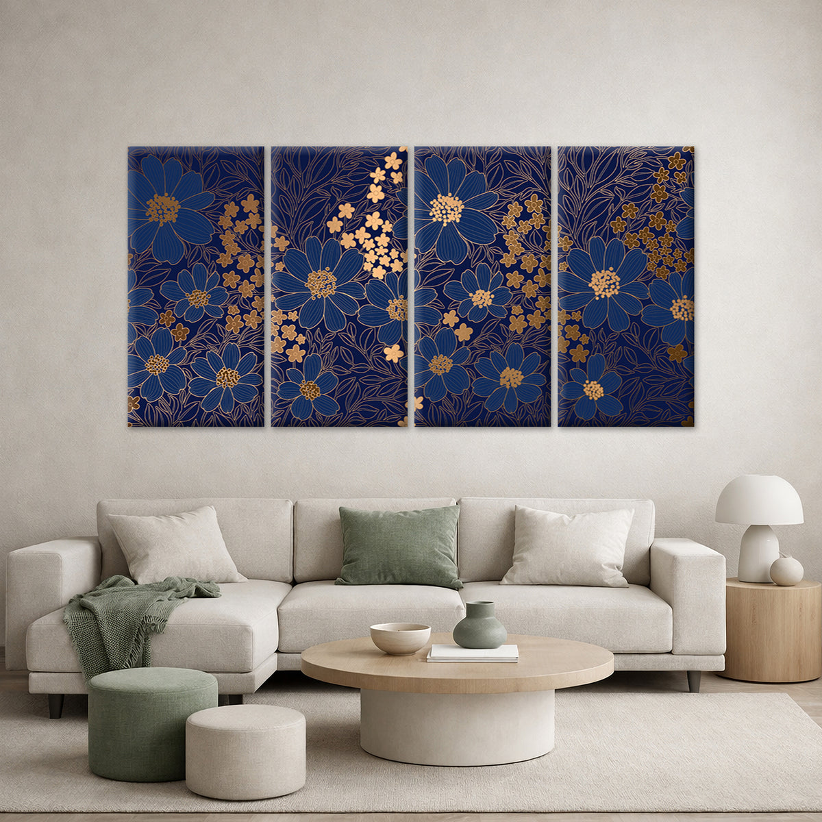 4pcs Luxury Navy Blue Gold Floral Leaf Pattern Wall Art Canvas Framed 45x80cm - High Quality Print 100% Australian Made Wall Canvas Ready to Hang