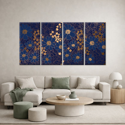 4pcs Luxury Navy Blue Gold Floral Leaf Pattern Wall Art Canvas Framed 45x80cm - High Quality Print 100% Australian Made Wall Canvas Ready to Hang