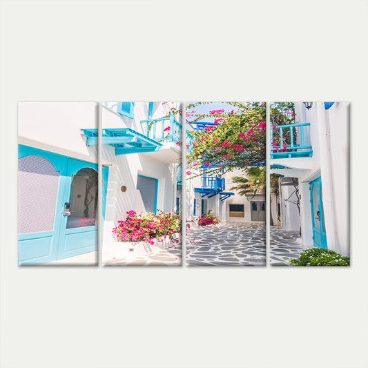 4pcs Greece Santorini Mykonos Blue Door Village Wall Art Canvas Framed 45x80cm - High Quality Print 100% Australian Made Wall Canvas Ready to Hang