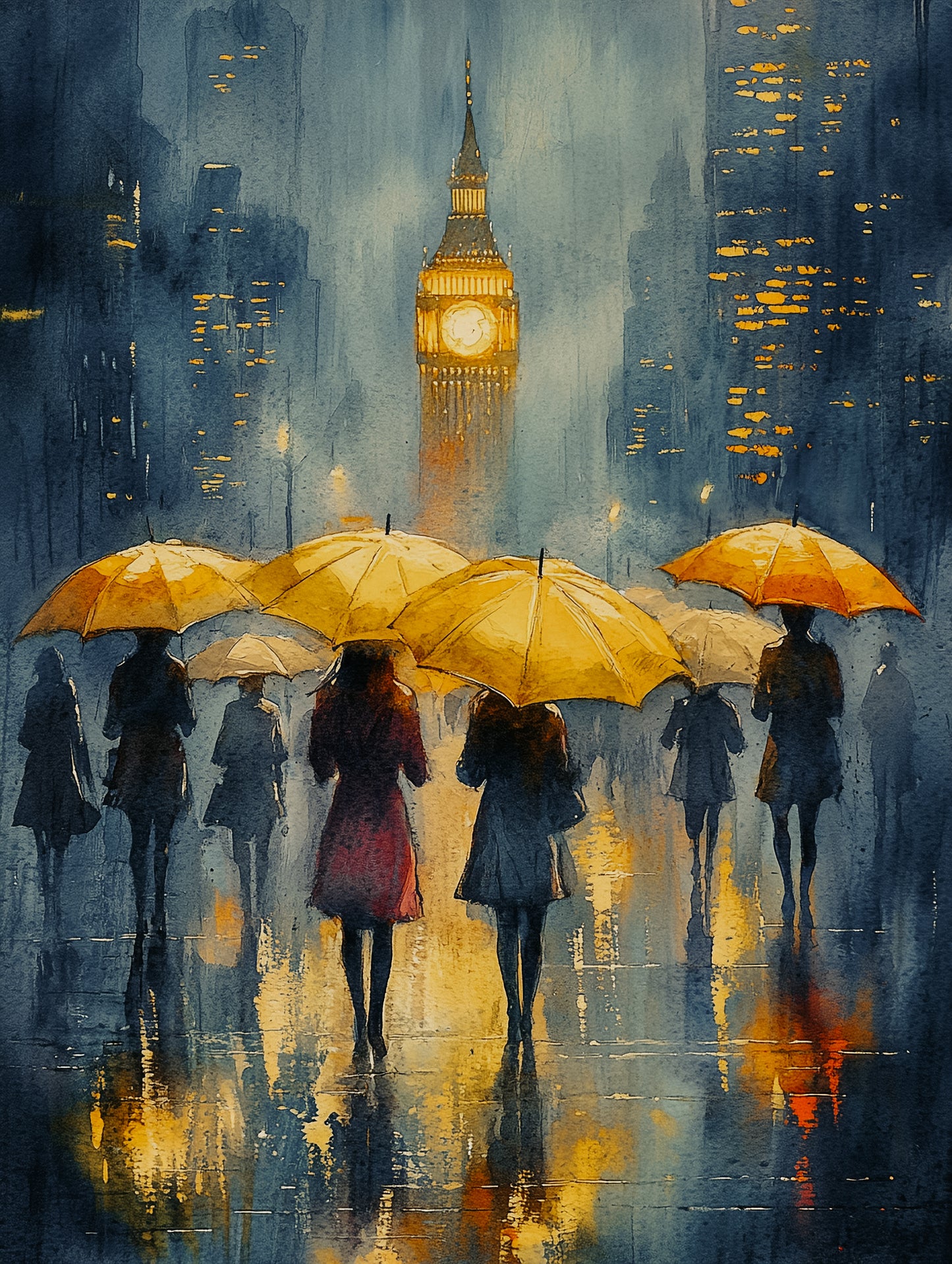 Rainy Day in London Abstract Watercolour Art with Yellow Umbrellas and Elizabeth Tower Vintage Wall Art Canvas Print 100% Australian Made - Bella Home Decor
