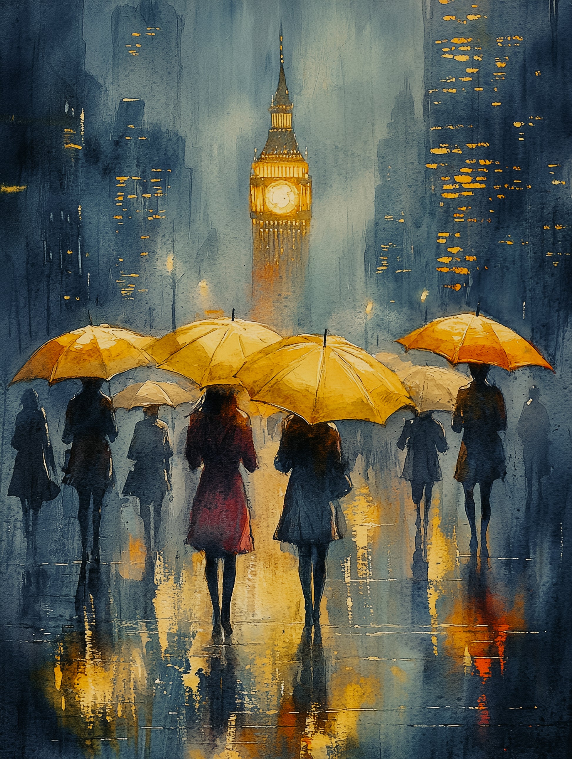 Rainy Day in London Abstract Watercolour Art with Yellow Umbrellas and Elizabeth Tower Vintage Wall Art Canvas Print 100% Australian Made - Bella Home Decor