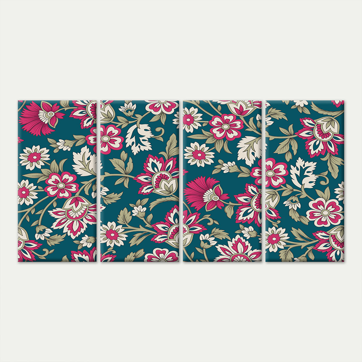 4pcs Vintage Teal Pink Floral Pattern Print Wall Art Canvas Framed 45x80cm - High Quality Print 100% Australian Made Wall Canvas Ready to Hang