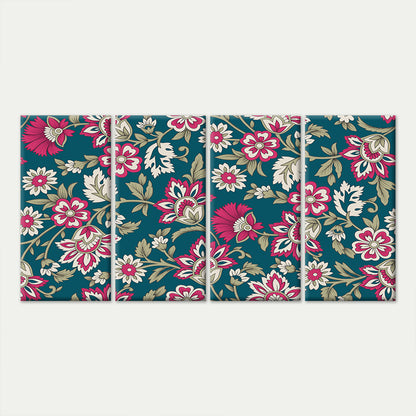 4pcs Vintage Teal Pink Floral Pattern Print Wall Art Canvas Framed 45x80cm - High Quality Print 100% Australian Made Wall Canvas Ready to Hang