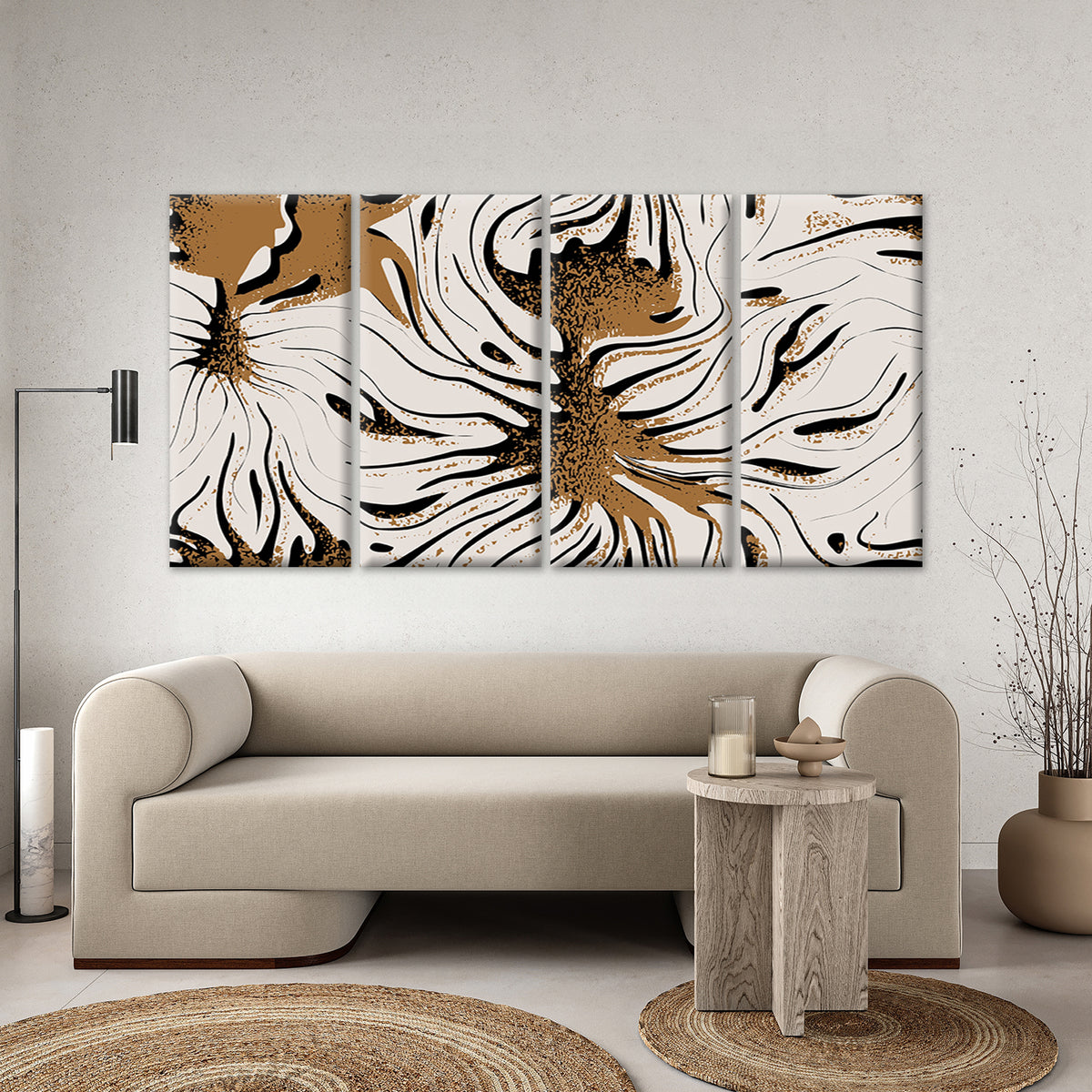 4pcs Modern Boho Ochre Gold Floral Swirl Pattern Wall Art Canvas Framed 45x80cm - High Quality Print 100% Australian Made Wall Canvas Ready to Hang