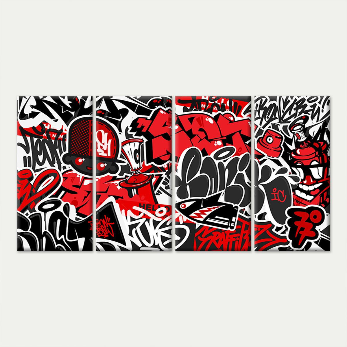 4pcs Red Black Graffiti Urban Street Cartoon Wall Art Canvas Framed 45x80cm - High Quality Print 100% Australian Made Wall Canvas Ready to Hang