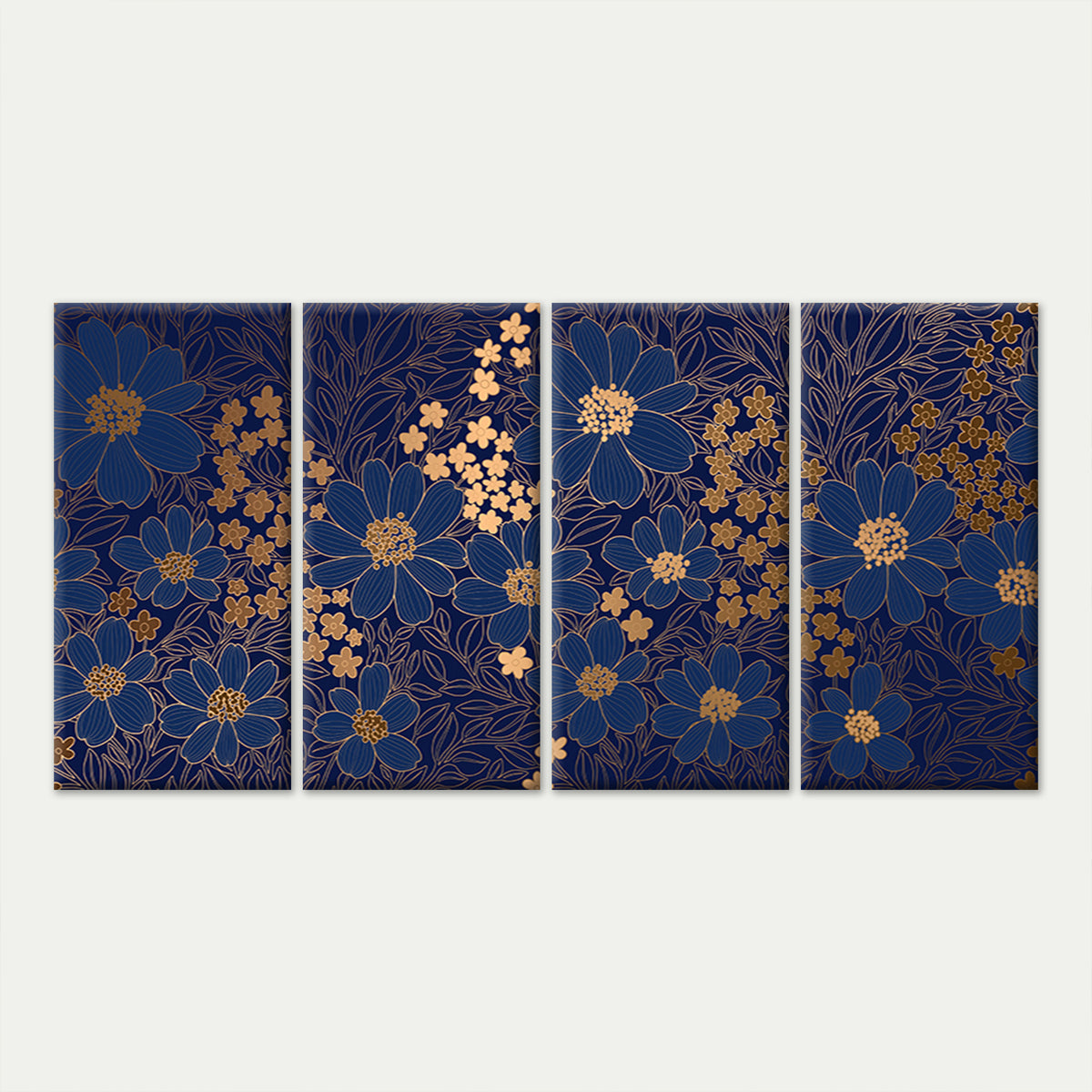 4pcs Luxury Navy Blue Gold Floral Leaf Pattern Wall Art Canvas Framed 45x80cm - High Quality Print 100% Australian Made Wall Canvas Ready to Hang
