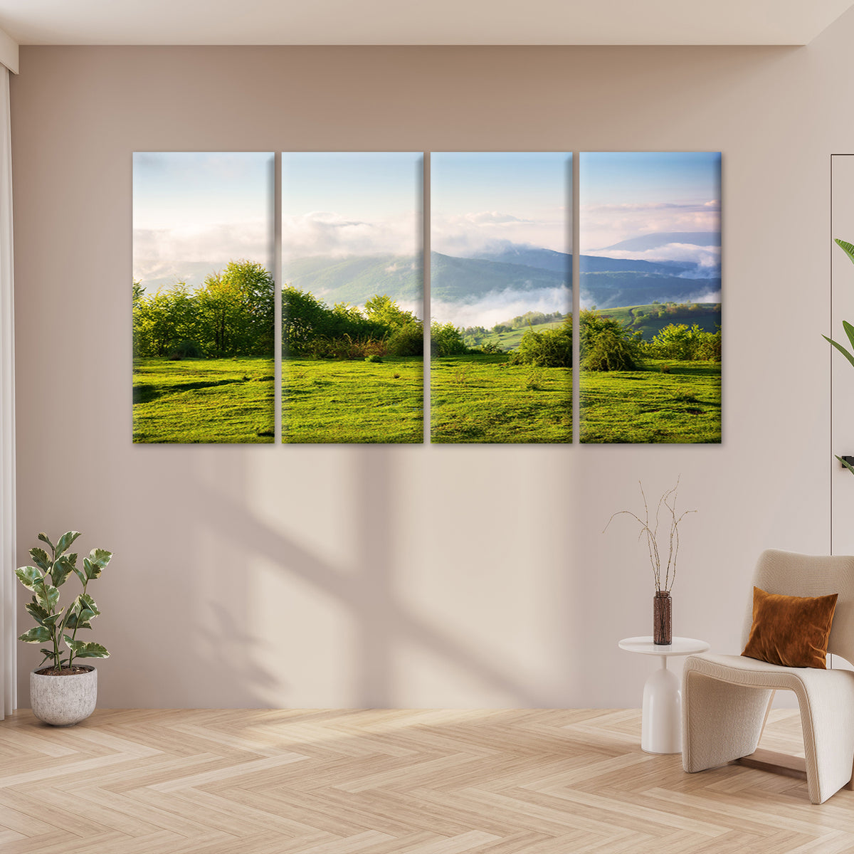 4pcs Green Mountain Meadow Fog Hills Landscape Wall Art Canvas Framed 45x80cm - High Quality Print 100% Australian Made Wall Canvas Ready to Hang