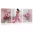 3pcs Charming Pink Dress Woman with Pink Florals Canvas Unframed - High Quality Print 100% Australian Made Wall Canvas - Bella Home Decor