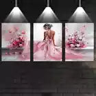 3pcs Elegant Pink Dress Woman with Pink Florals Canvas Unframed - High Quality Print 100% Australian Made Wall Canvas