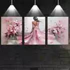 3pcs Charming Pink Dress Woman with Pink Florals Canvas Unframed - High Quality Print 100% Australian Made Wall Canvas - Bella Home Decor