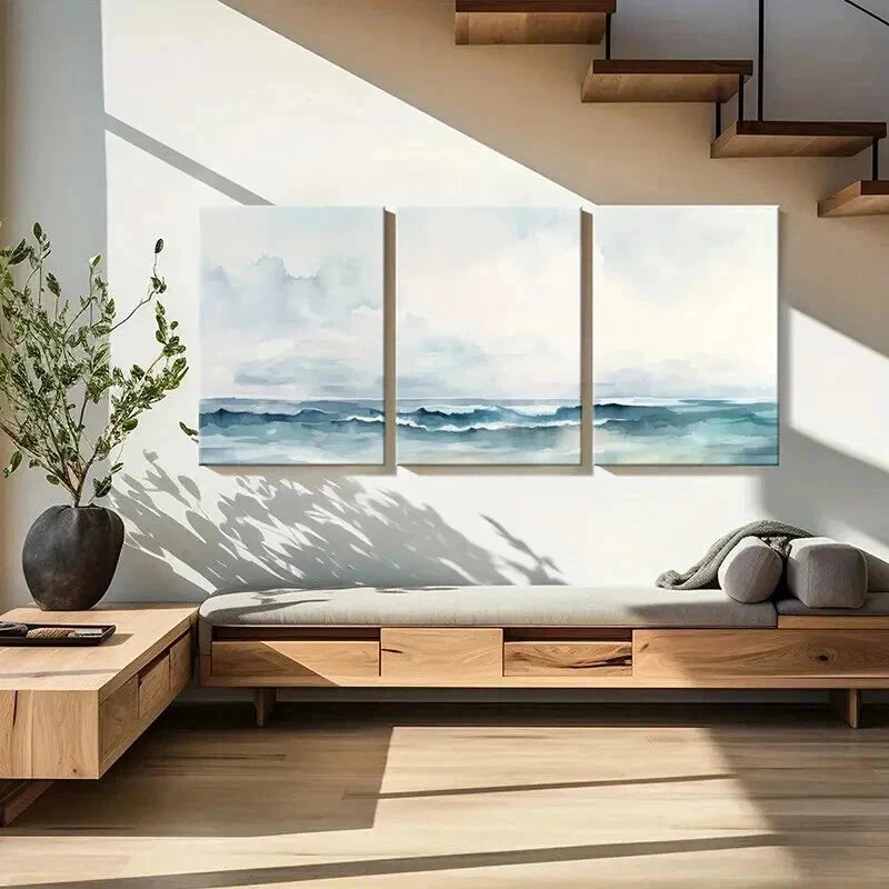 3pcs Tranquil Ocean Waves with Misty Sky Wall Art Set Canvas Framed 50x70cm - High Quality Print 100% Australian Made Wall Canvas Ready to Hang - Bella Home Decor