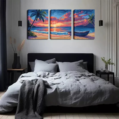 3pcs Vibrant Beach Scene with Palm Trees Wall Art Set Canvas Unframed - High Quality Print 100% Australian Made Wall Canvas