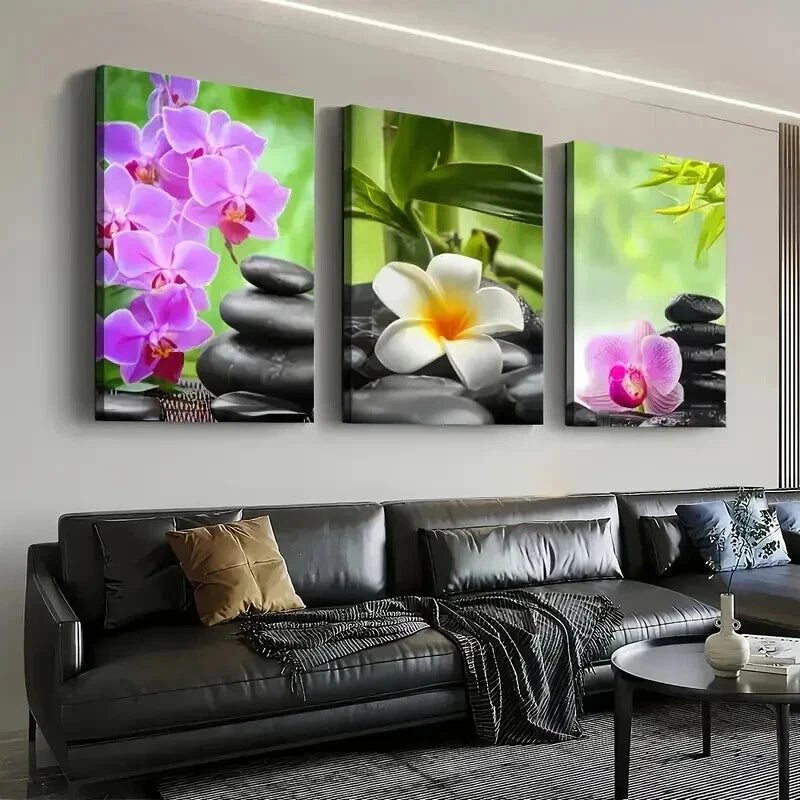 3pcs Modern Natural Flower Luck Stone Perfect Wall Art Set Canvas Framed 50x70cm - High Quality Print 100% Australian Made Wall Canvas Ready to Hang - Bella Home Decor