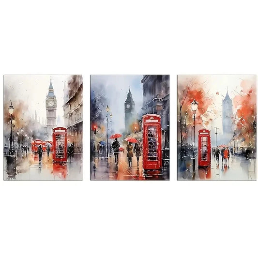 3pcs Red Telephone Booth and Big Ben in London Metal Print Ready to Hang Art