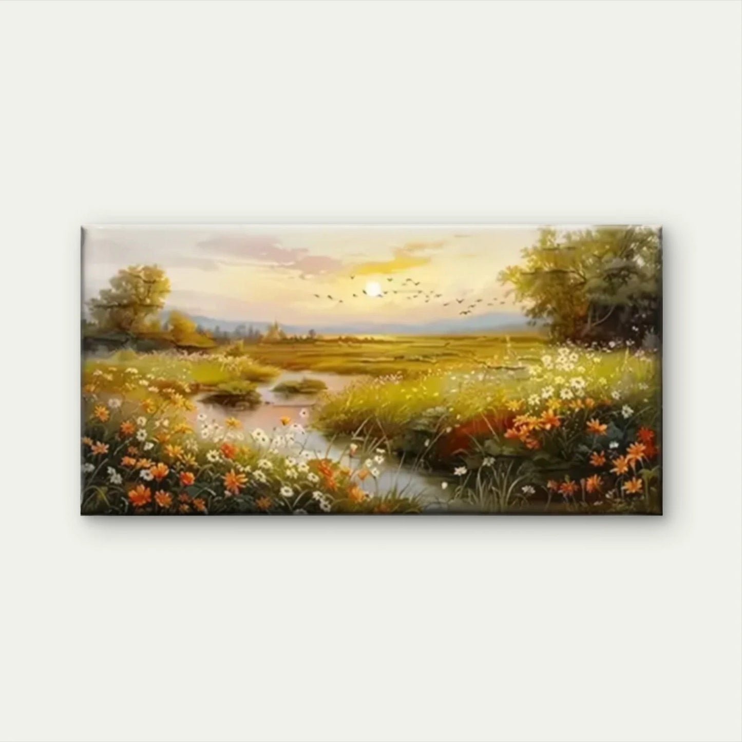 Flowers Trees River Sunset Wall Art Canvas Office Home Room Framed 120x60cm