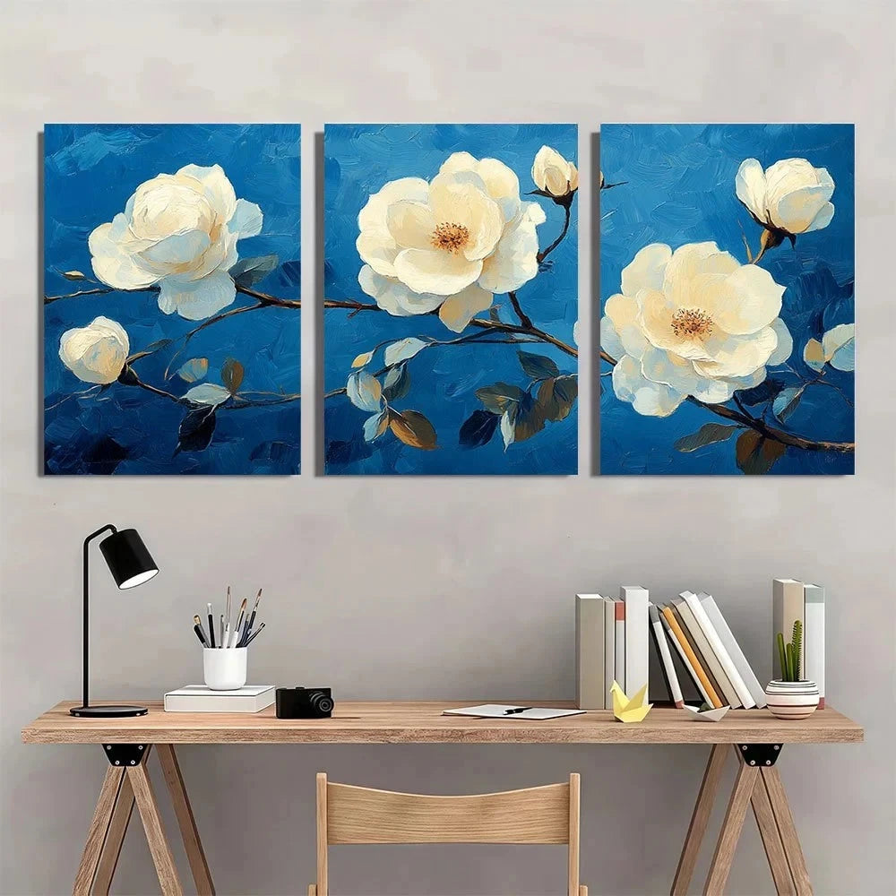 3pcs Gogh White Roses Vintage Style Metal Print Ready to Hang Art - Bella Home Decor