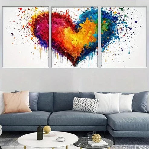 3pcs Modern Vibrant Abstract Colorful Heart Wall Art Set Canvas Unframed - High Quality Print 100% Australian Made Wall Canvas