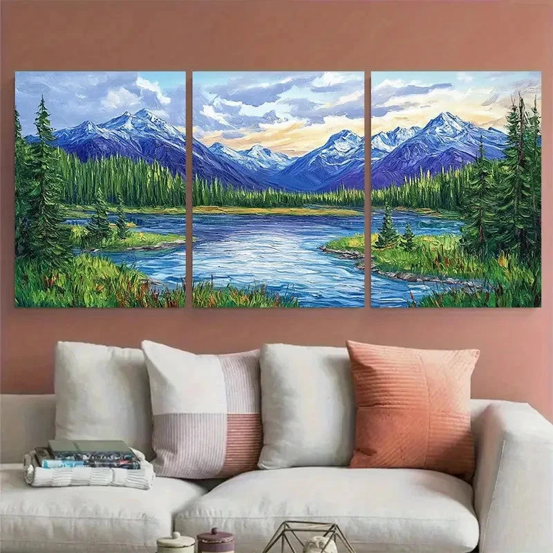 3pcs Mountain and River Landscape Forest Impasto Metal Print Ready to Hang Art - Bella Home Decor