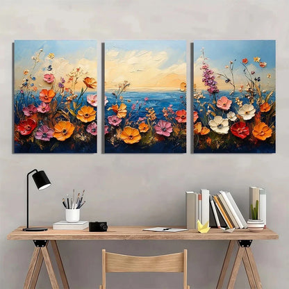 3pcs Coastal Painting Wildflower Texture Metal Print Ready to Hang Art - Bella Home Decor