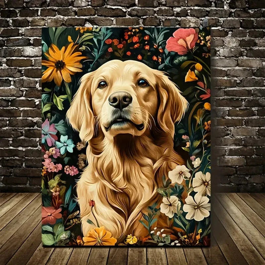 Flowers And Plants Cute Golden Retriever Dog Painting 40x60cm Metal Print Ready to Hang - Bella Home Decor