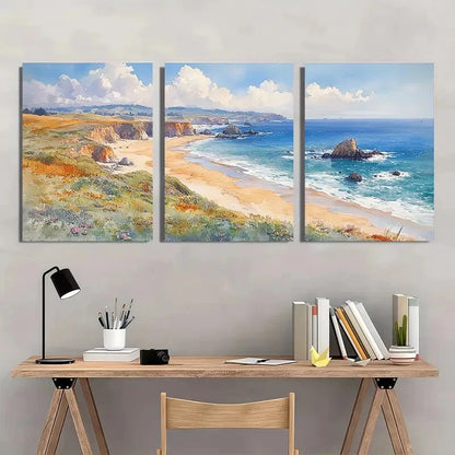 3pcs Sonoma Watercolor Coastline with Cliffs Metal Print Ready to Hang Art - Bella Home Decor