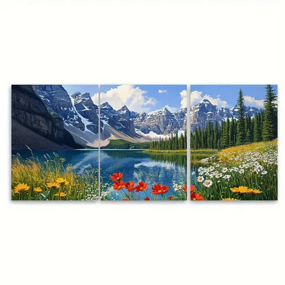 3pcs Moraine Lake Banff National Park Wildflower Wall Art Set Canvas Unframed - High Quality Print 100% Australian Made Wall Canvas