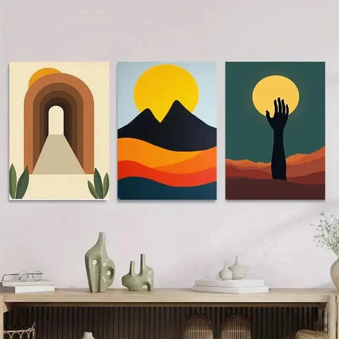 3pcs Geometric Landscape Vibrant Sunset & Mount Wall Art Set Canvas Unframed - High Quality Print 100% Australian Made Wall Canvas - Bella Home Decor