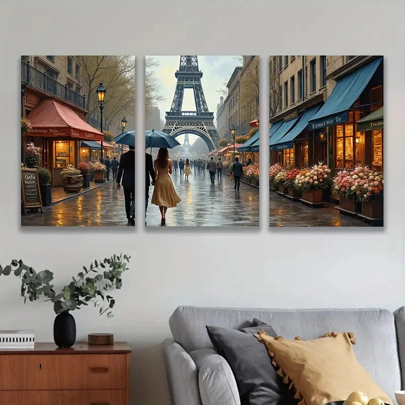 3pcs Eiffel Tower Scene With Walking Couple Wall Art Set Canvas Framed 60x90cm - High Quality Print 100% Australian Made Wall Canvas Ready to Hang - Bella Home Decor