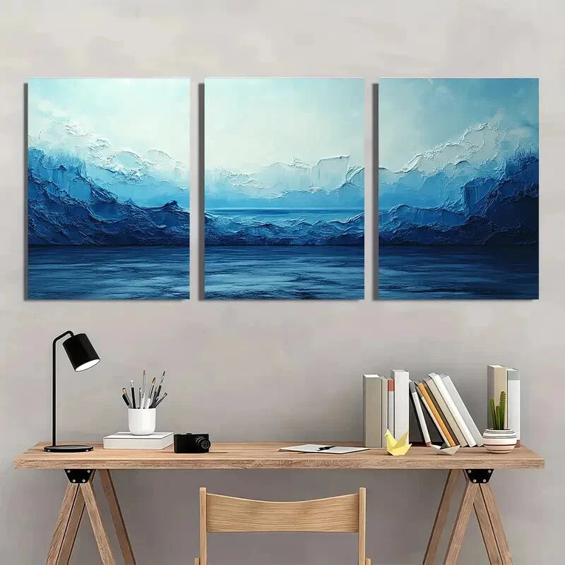 3pcs Abstract Blue & White Minimalist Metal Print Ready to Hang Art - Bella Home Decor