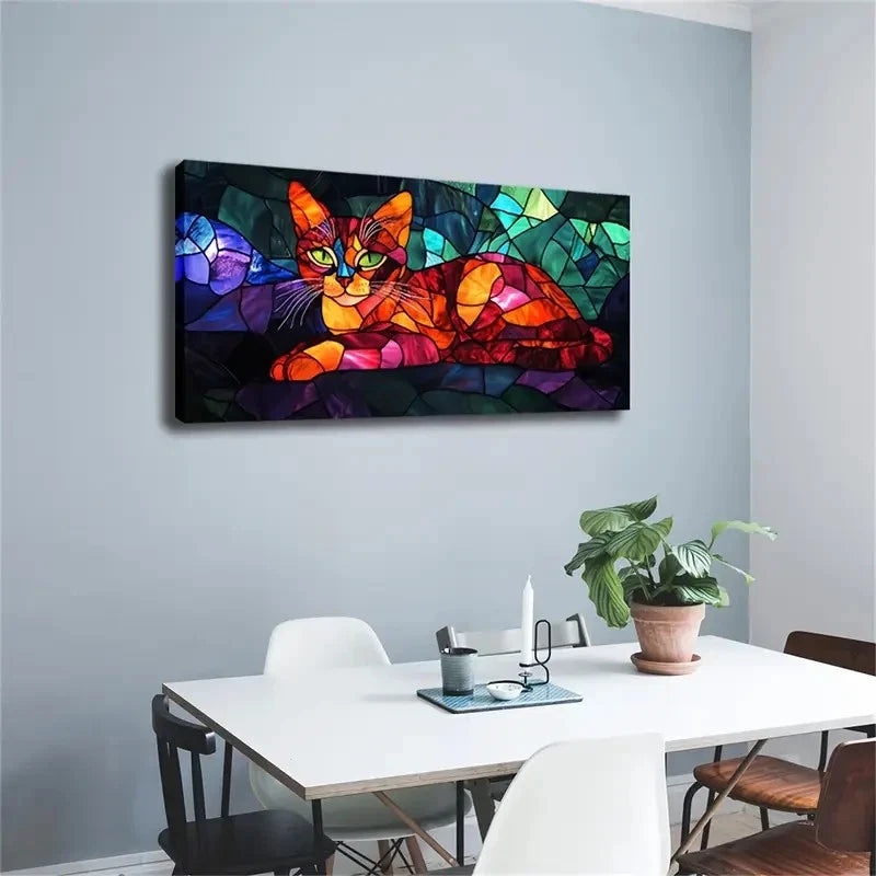 Vibrant Geometric Cat Décor Wall Art Canvas Office Home Room Framed 120x60cm