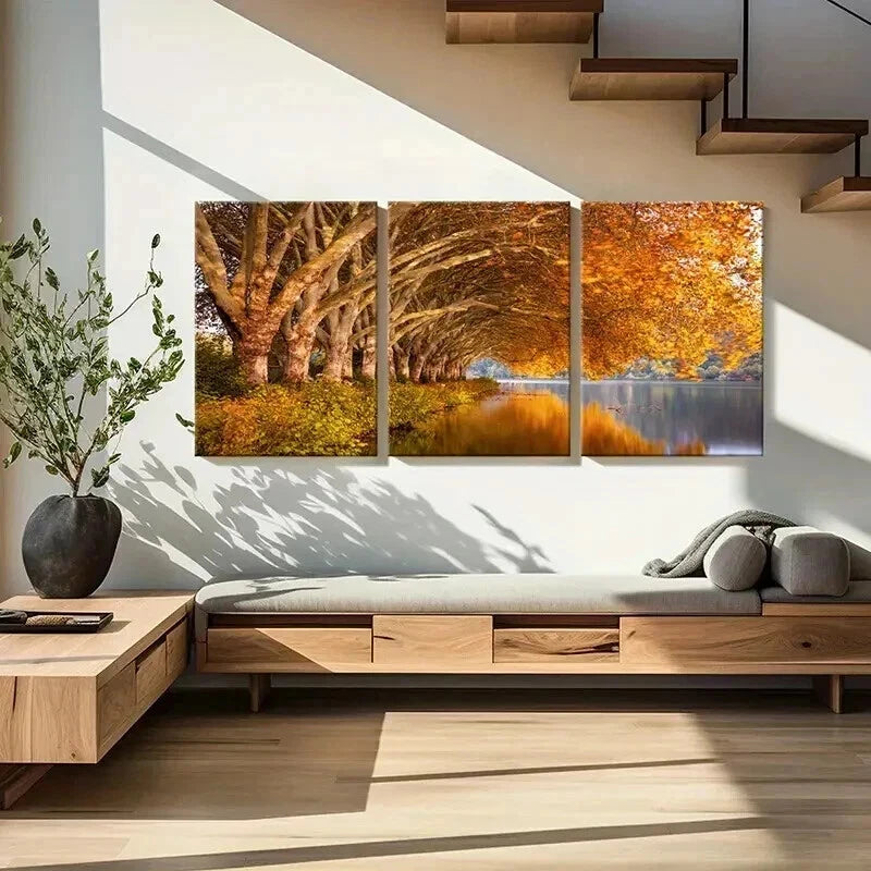 3pcs Featuring a Golden Tree by The Lakeside Wall Art Set Canvas Framed 60x90cm - High Quality Print 100% Australian Made Wall Canvas Ready to Hang - Bella Home Decor