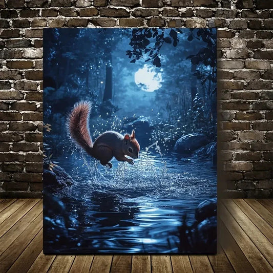 Enchanting Squirrel Forest Scene Moonligh Painting  40x60cm Metal Print Ready to Hang - Bella Home Decor