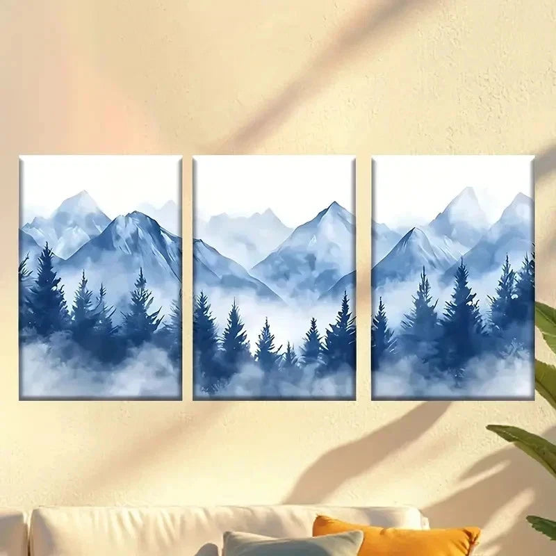 3pcs Mountain Scene with Trees And Clouds Wall Art Set Canvas Framed 60x90cm - High Quality Print 100% Australian Made Wall Canvas Ready to Hang