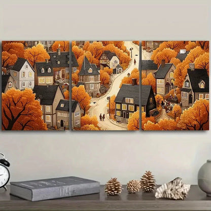 3pcs Autumn Fairy Tale Town, Metal Print Ready to Hang Art
