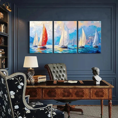 3pcs Sailing Boats Ocean Waves Blue Sky Metal Print Ready to Hang Art - Bella Home Decor